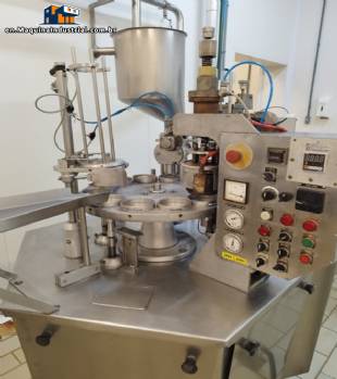 Stainless steel rotary filling and sealing machine for jars, cups, and bottles, Brasholanda, capacity 1,700 jars per hour.